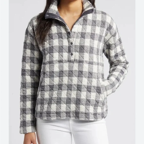 Marine Layer Snap Placket Quilted Pullover Jacket Sweatshirt Check Henley Polo M - Picture 1 of 11